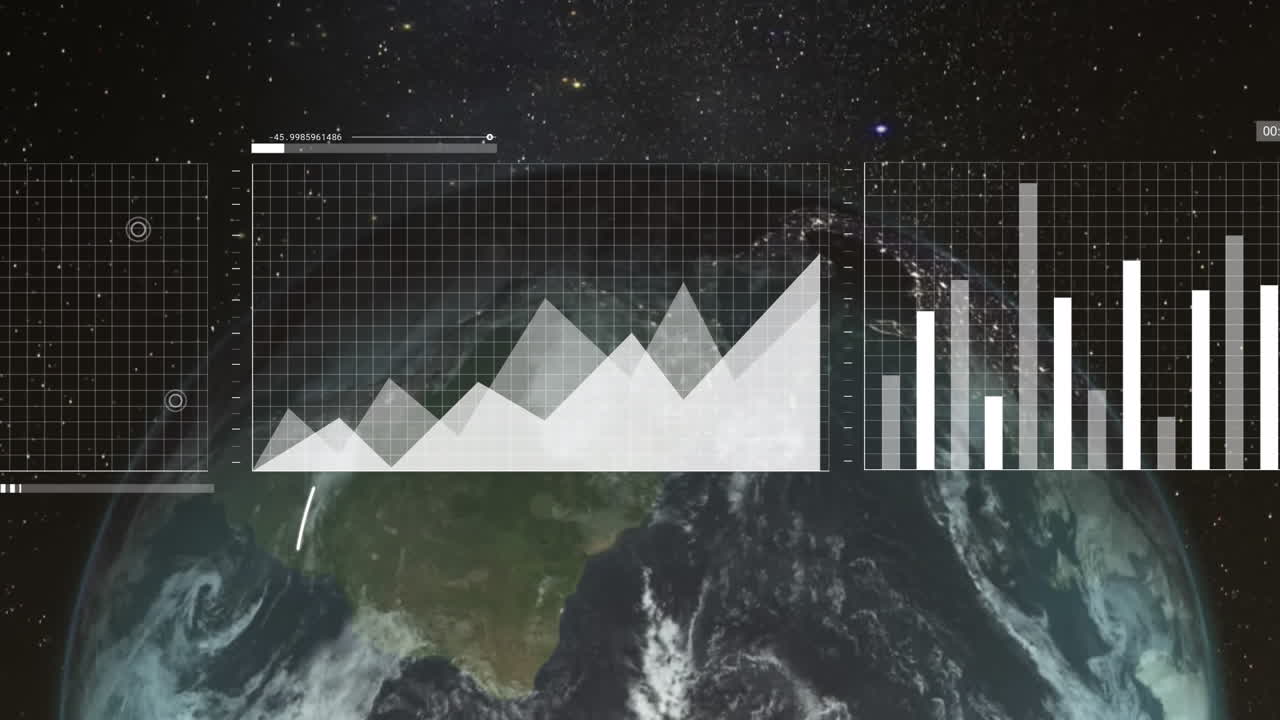 공간에 대항하여 회전하는 지구 주위를 움직이는 선 위의 여러 그래프의 애니메이션