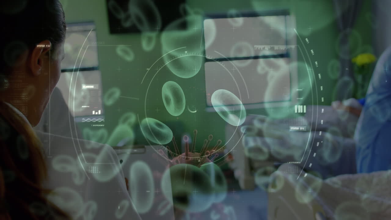 병원 의 의사 들 위 에 있는 코로나 19 세포 의 애니메이션