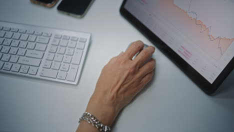 female financial analyst checking real-time stocks, exchange market charts in online trading mobile app on tablet computer using digital pen. businesswoman working in financial agency office. close up