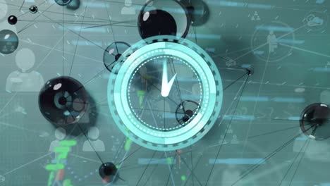 animación de reloj de neón y red de conexiones contra el procesamiento de datos financieros