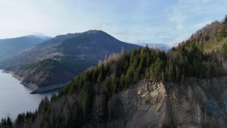 Malerische-Luftaufnahme-Eines-Ruhigen-Bergsees,-Der-Tagsüber-Von-Bewaldeten-Hügeln-Umgeben-Ist