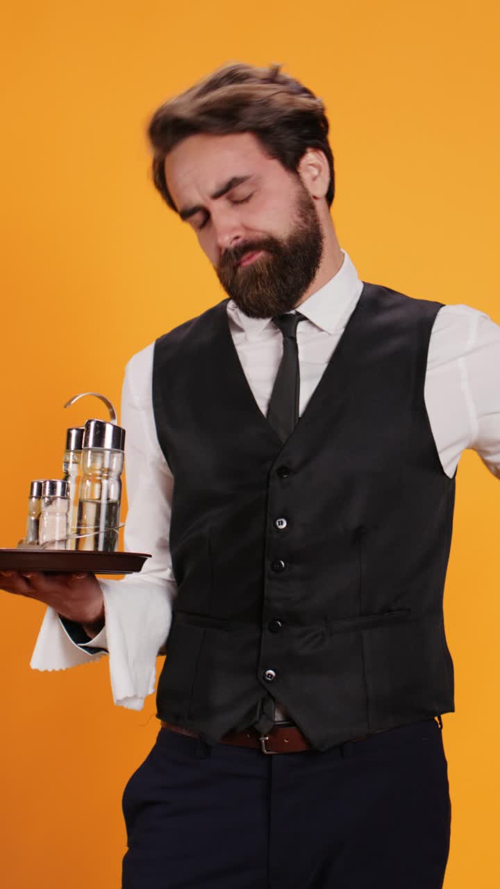Vertical video Exhausted butler feels sleepy on camera