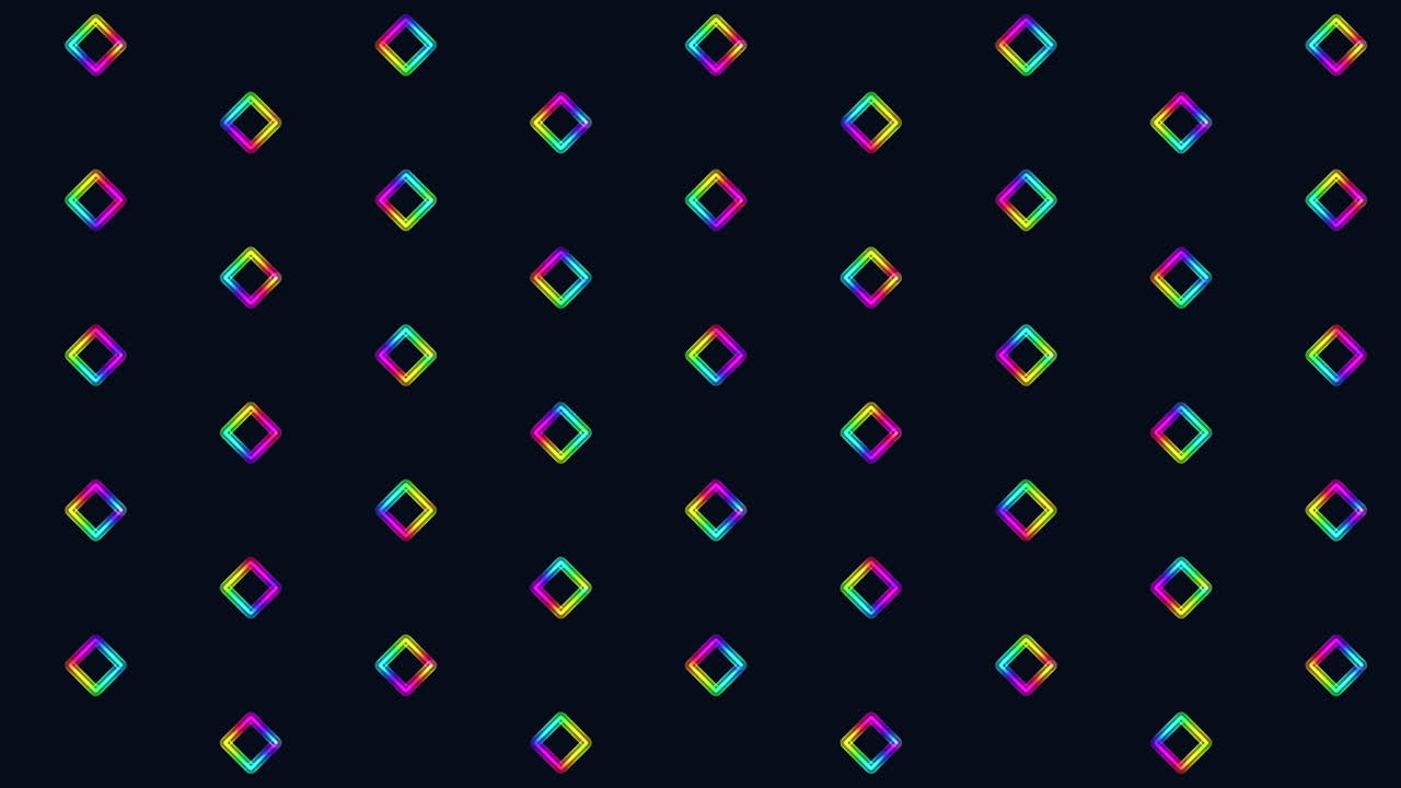 검정 그라데이션의 행에 있는 평평한 무지개 사각형 패턴