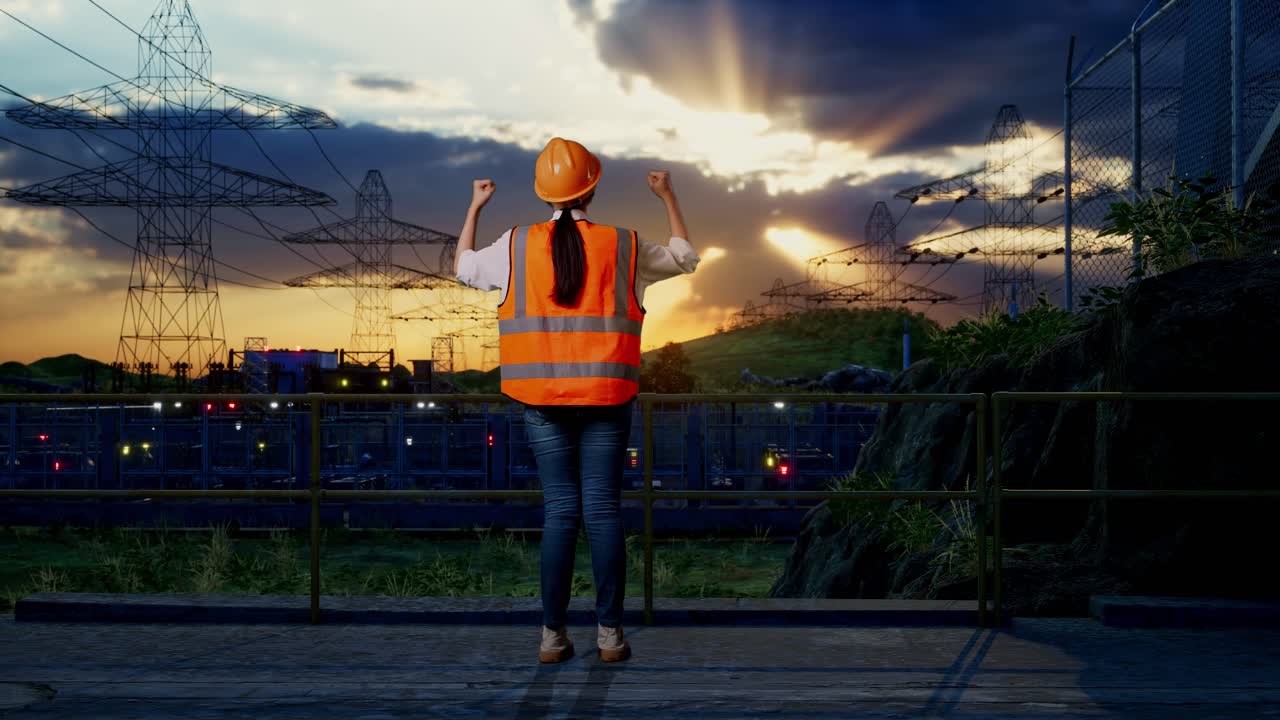 Full Body Back View Of A Female Engineer With Safety Helmet Raising Her Hands Celebrating While Working Near High Voltage Tower