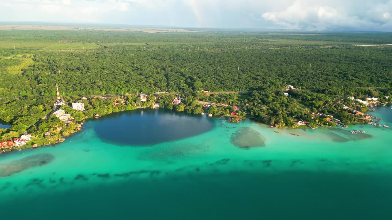 Breathtaking aerial view of Bacalar, Mexico with vivid turquoise waters