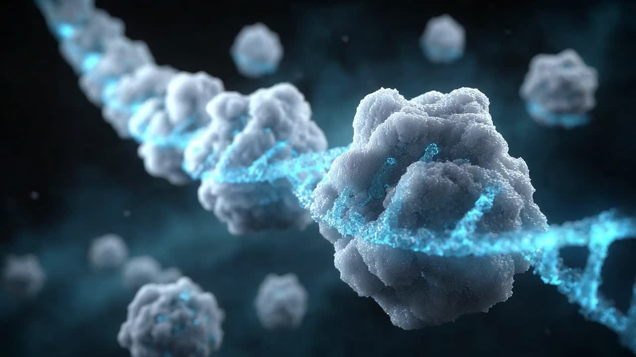 Dynamic Visualization of Genetic Material: A Close-Up Exploration of DNA Structures and Their Molecular Interactions in a Blue-Illuminated Environment