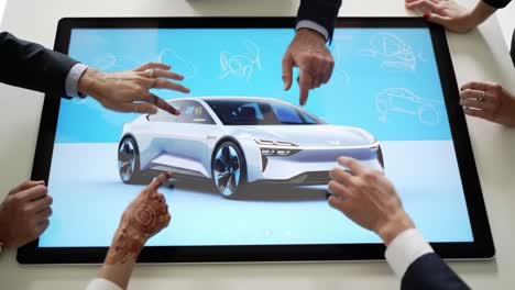 collaborative automotive design session: innovators engaging with a digital car model on interactive display for modern vehicle concept development