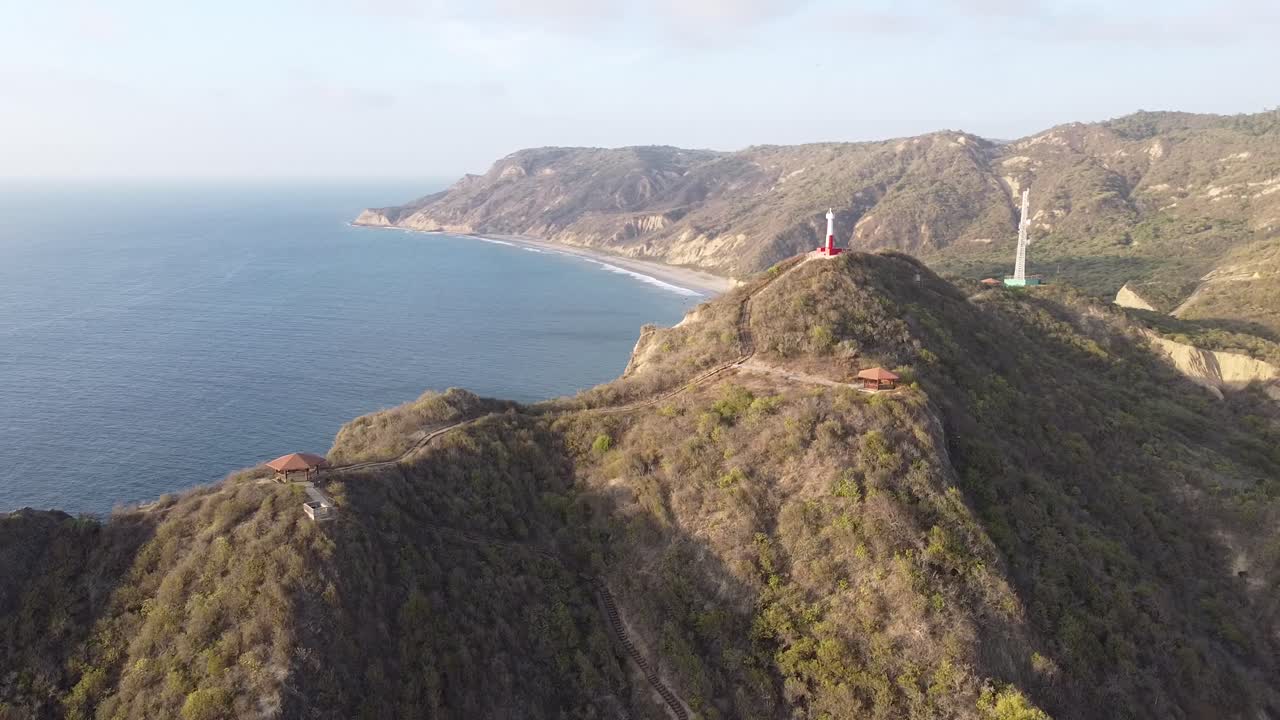 Aerial orbit of lighthouse in Ecuador. Pacific coast near San Lorenzo, Manta, Ecuador. Travel inspiration.