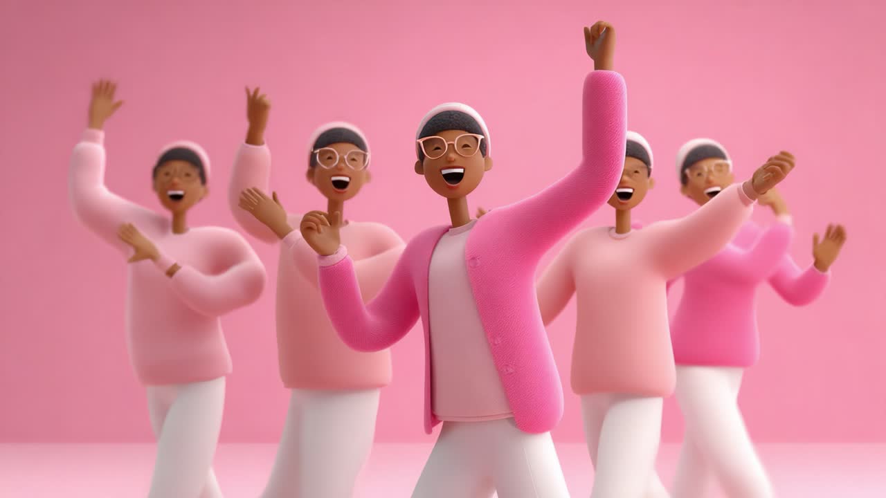 A vibrant group of joyful animated characters wearing pink outfits enthusiastically dance together against a soft pink background, exuding happiness and camaraderie in a cheerful celebration