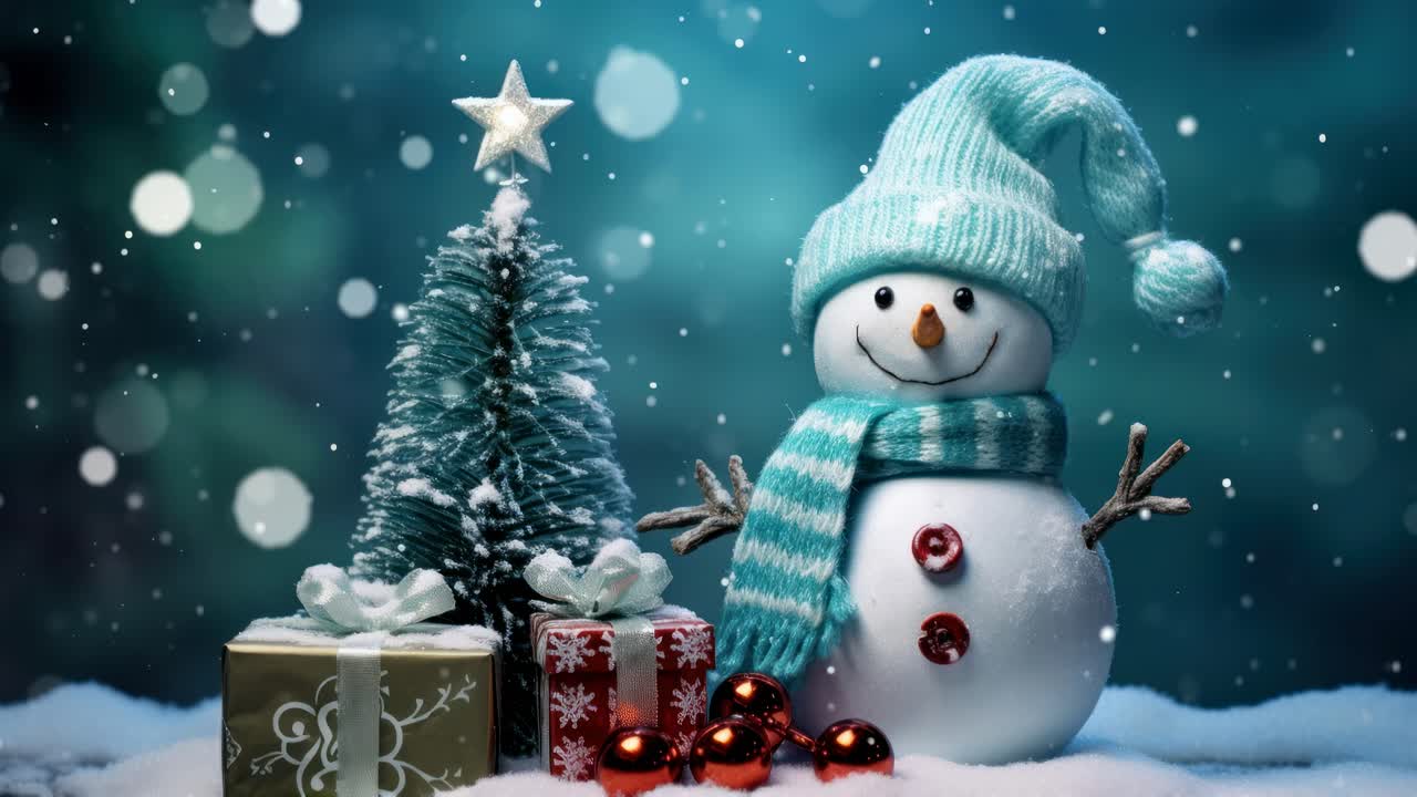Festive snowman and gifts beside a tree, captured from a low angle in a cozy holiday video