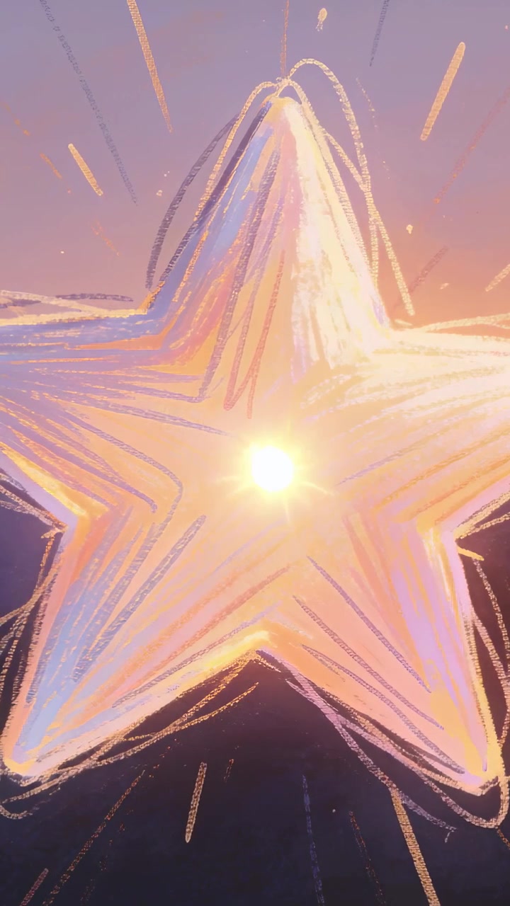 Vertical video: Large five-point star pulsing in dusk sky, sketch lines making central flare grow