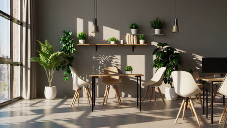 modern office interior with lush green plants and natural sunlight