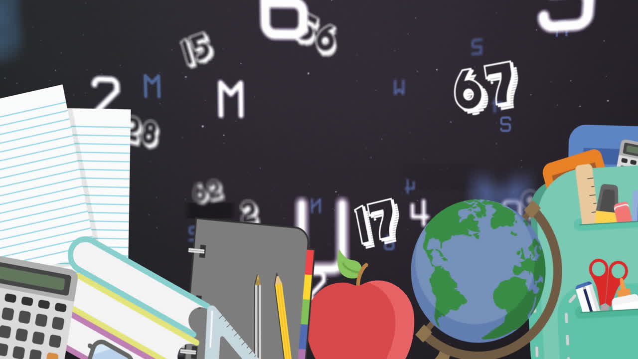 Animated school icons and letters flow on a black backdrop, symbolizing education.