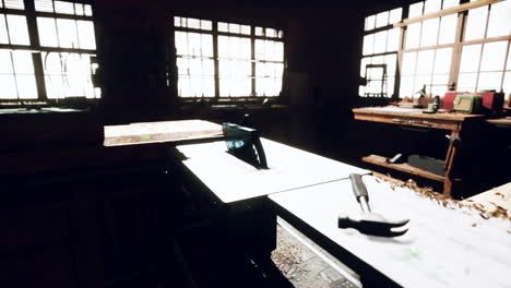 abandoned workshop with old woodworking tools