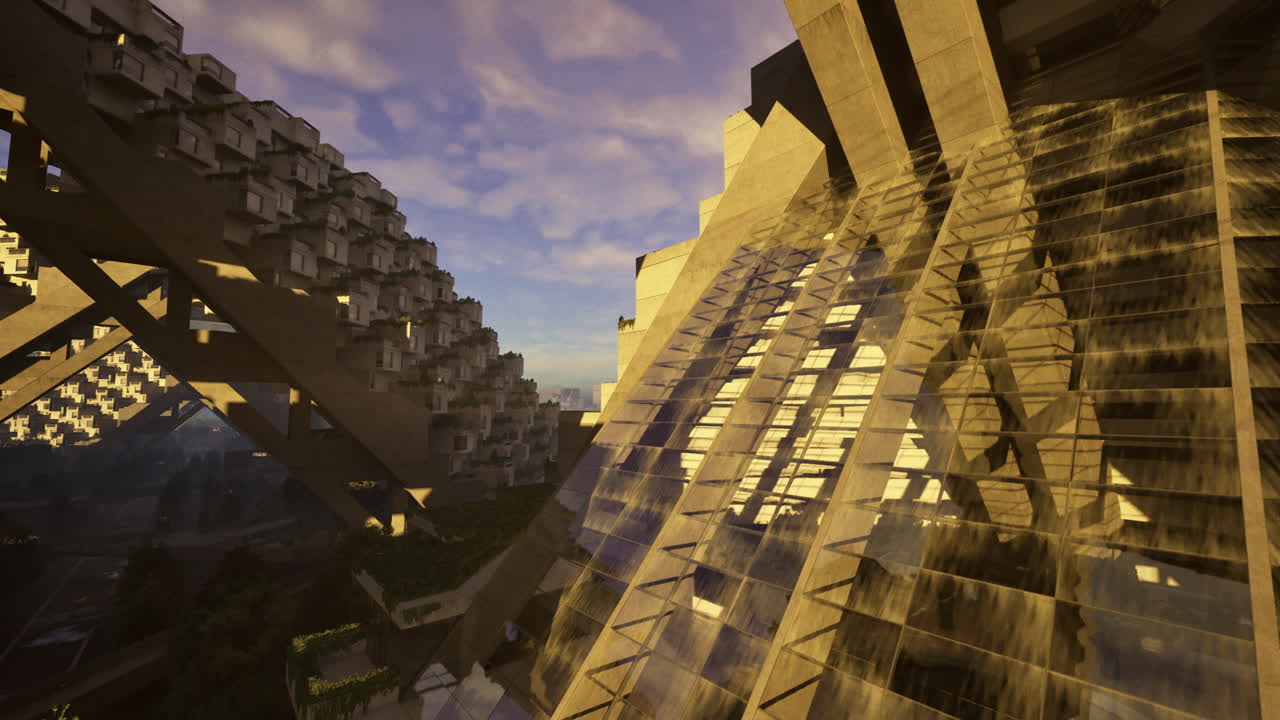 Architectural marvel at sunrise with dynamic water features in minecraft world