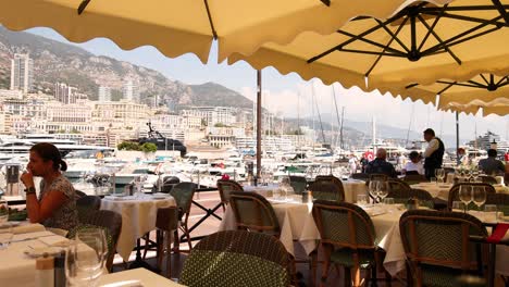 woman dining with waiter at marina view