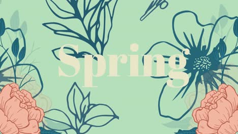 animation of spring text over floral decoration on green background