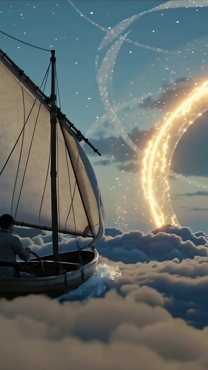 Vertical video: Steering sailor in jacket guiding sailboat through cloud sea toward rising ring