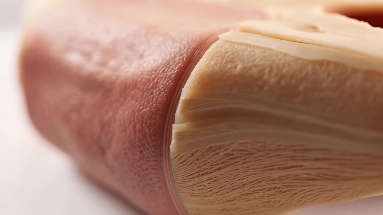 Primo piano di un polpastrello umano con un'unghia naturale su uno sfondo chiaro e leggermente sfocato, che mostra una texture della pelle dettagliata, toni caldi e profondità di campo ridotta.