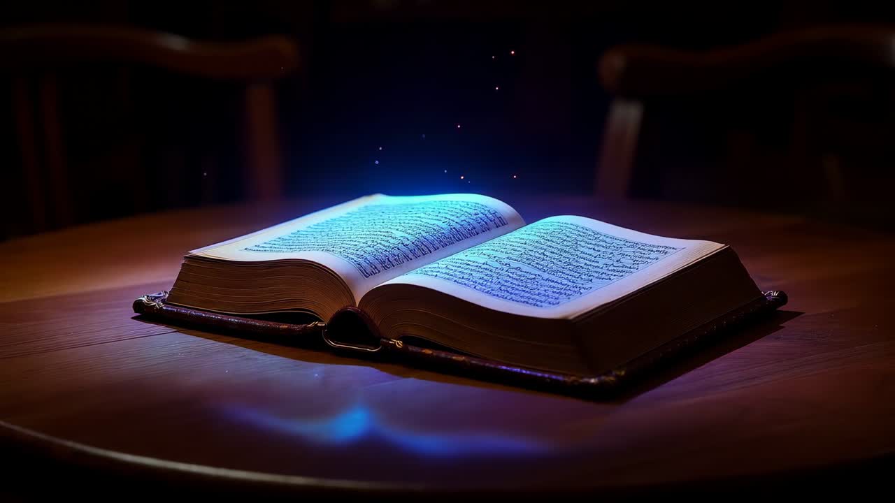 Un fascio di luce che illumina un libro aperto in pelle su un tavolo rotondo, creando uno spostamento di colore e sollevando polvere
