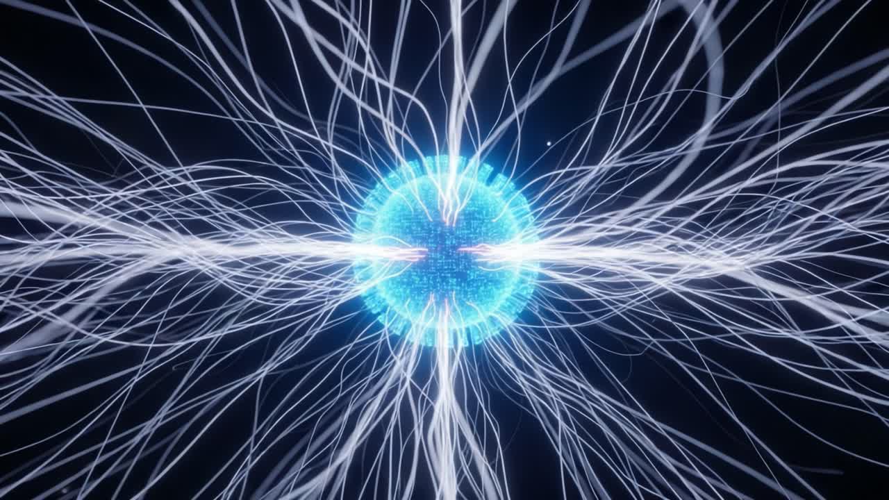 A Dynamic Visualization of Energy Flow: This Stunning Image Captures the Intricate Patterns of Light and Movement Radiating from a Central Sphere in a Dark Background