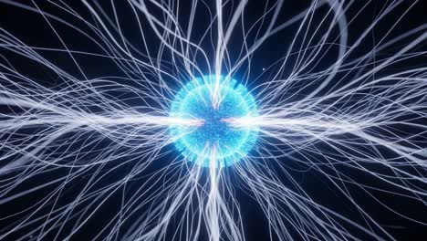 a dynamic visualization of energy flow: this stunning image captures the intricate patterns of light and movement radiating from a central sphere in a dark background
