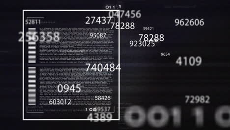 Animation of currency symbols and data processing on black background