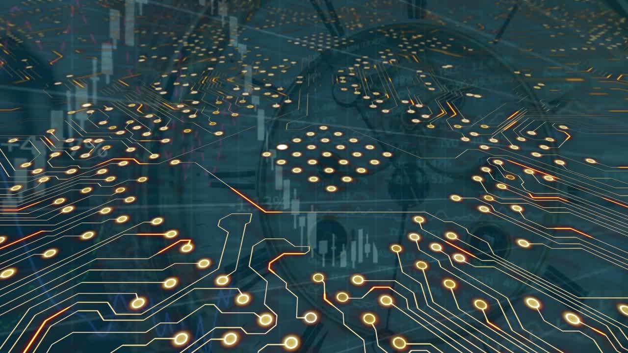 Animation of computer circuit board over data processing and clock