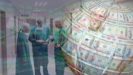 animación del globo formado con billetes de dólar estadounidense sobre diversos cirujanos.