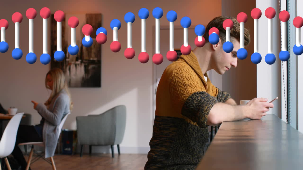 Man using smartphone at café counter integrating chat bubbles and coffee icons for technology
