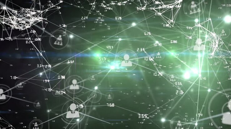 Animation of network of connections and icons over dark background