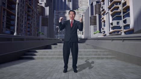 hombre de negocios celebrando el éxito en un paisaje urbano