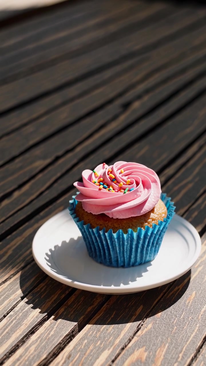 Un cupcake con glassa rosa su un piatto bianco