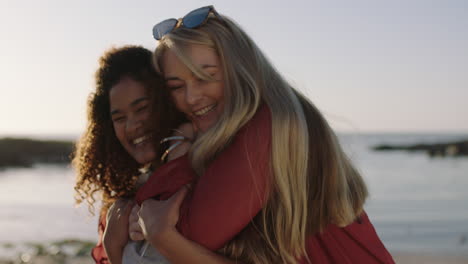 portrait of young woman suprise hug best friend on sunny beach seaside enjoying laughing together