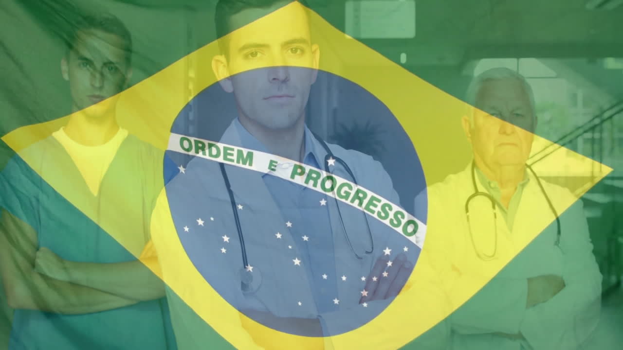 Healthcare professionals with stethoscopes and Brazilian flag overlay, creating animation