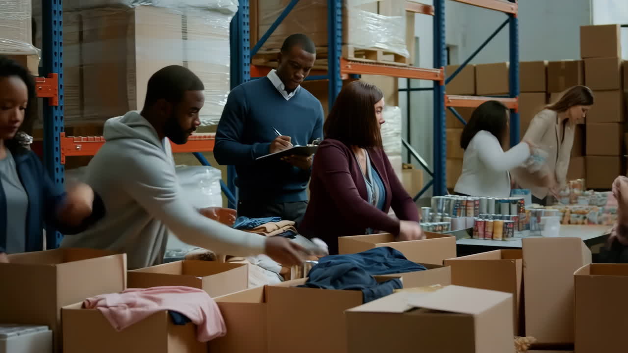 Volunteers sorting and packing donations in a warehouse