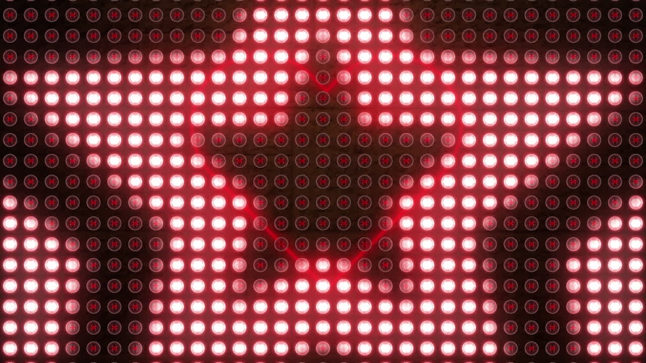 Animazione digitale di luci a forma di stella su un'icona a cuore rosso neon su sfondo rosso.