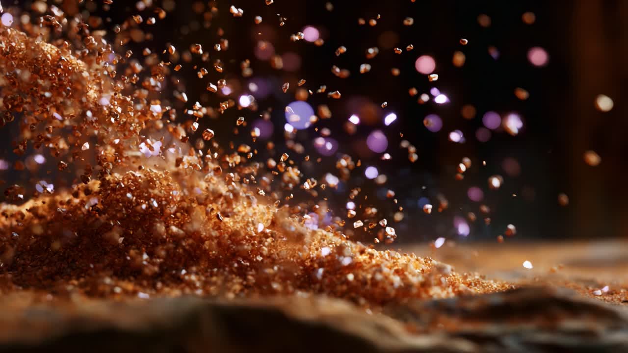 Accattivante primo piano di particelle scintillanti in movimento, che mostra la bellezza degli elementi naturali rigogliosi sotto effetti di luce intensi