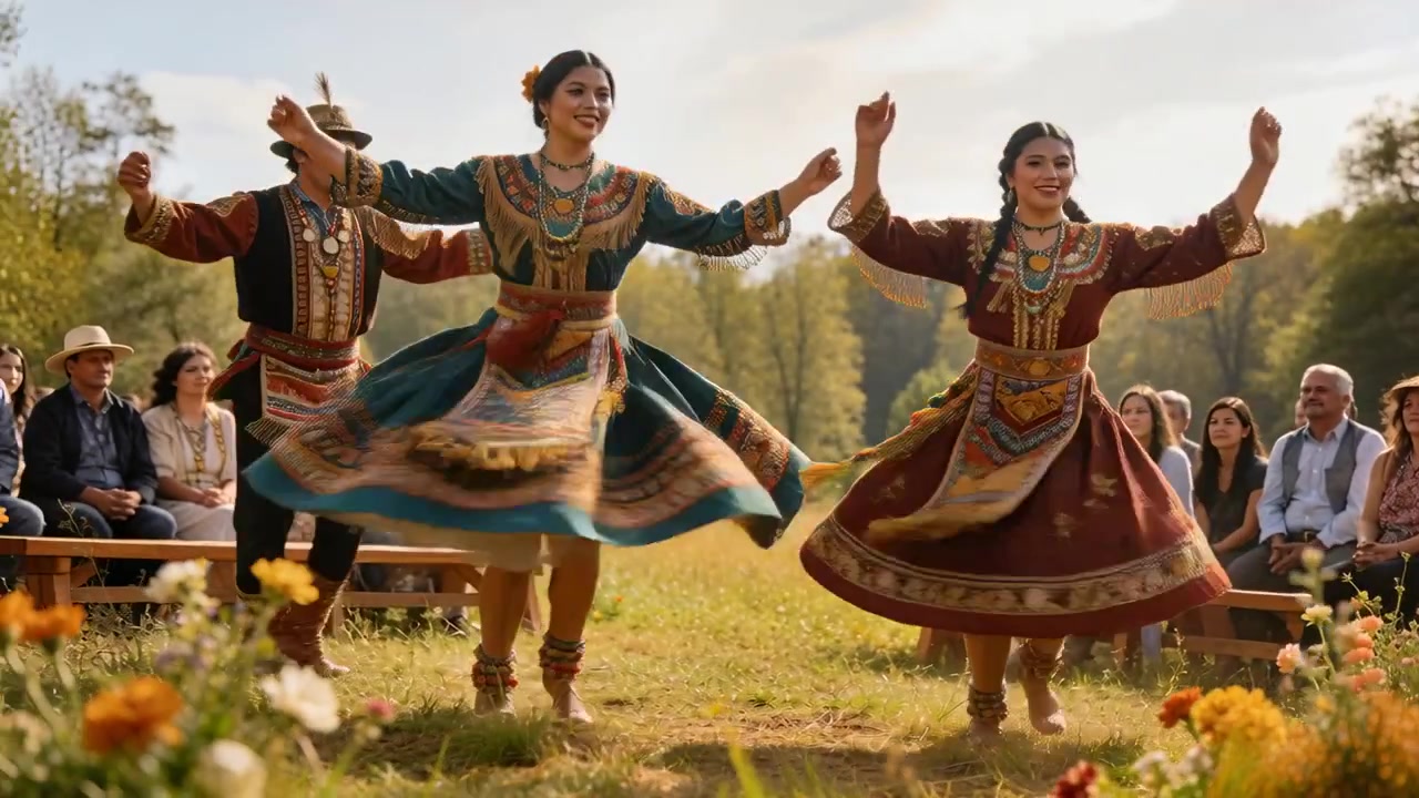 Musikken starter, en snurrende trio løfter armene, går hen over marken mod publikum på bænken med nederdele og hat.