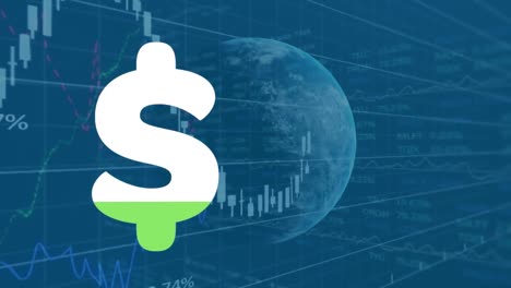 dollar sign filling up over globe and financial data processing