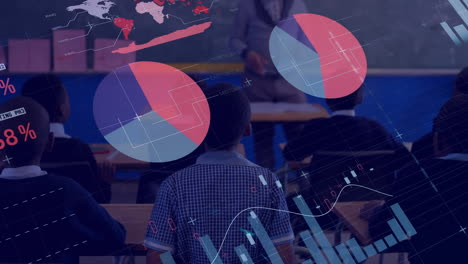 animación del procesamiento de datos en gráficos sobre diversos escolares y maestros masculinos en la clase