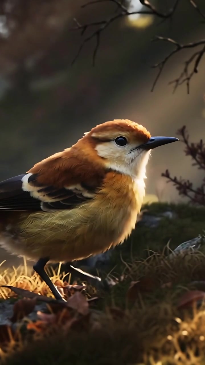Video verticale: Spostando il peso, uccello marrone che si muove a destra sul terreno muschioso della foresta, esaminando un ramo