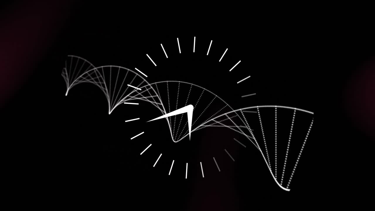 검은 바탕에 있는 dna 가닥 위로 움직이는 시계의 애니메이션