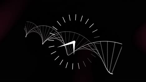 animación de un reloj que se mueve sobre la cadena de adn sobre un fondo negro