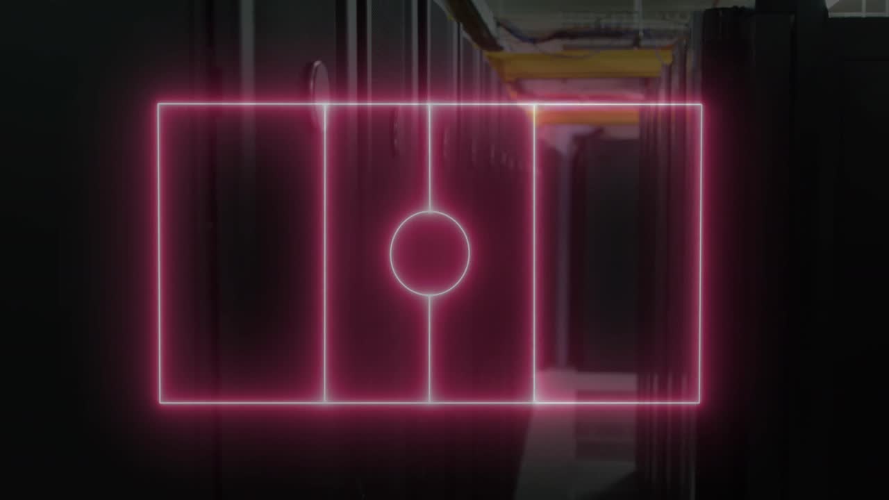 Animation of neon stadium over server room