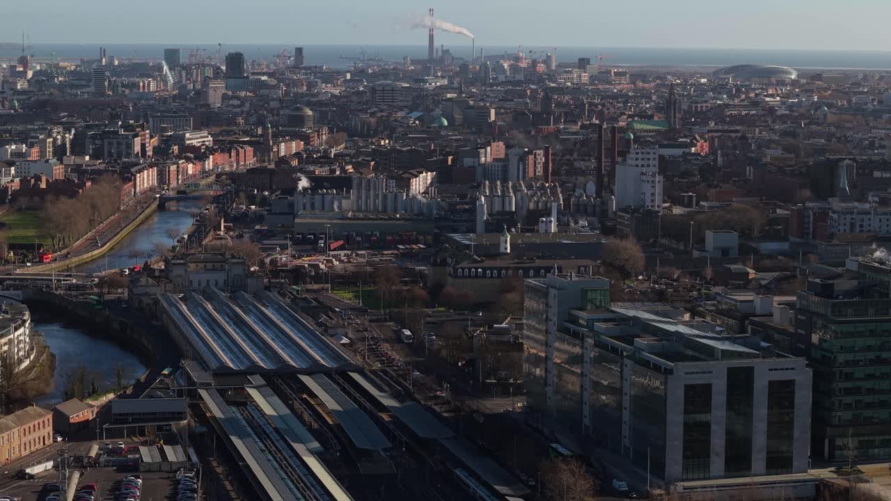 Dublin City From Heuston Railway Station Near The River Liffey In Ireland. - aerial shot
