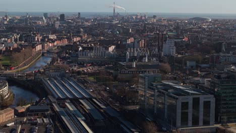 dublin city from heuston railway station near the river liffey in ireland. - aerial shot