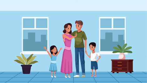 pareja de padres con hijo e hija en la sala de estar personajes quedarse en casa campaña