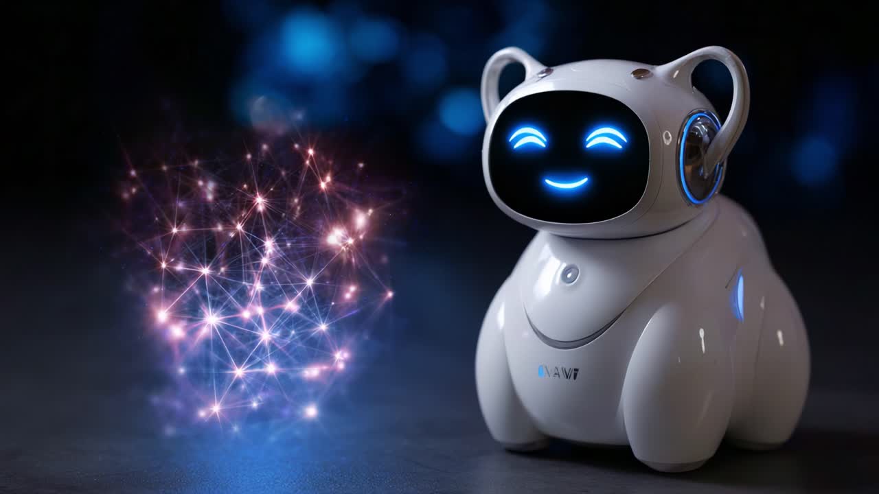 Un affascinante robot bianco con un volto sorridente ed effetti di luce scintillanti cattura l'attenzione in un ambiente futuristico pieno di possibilità e meraviglia