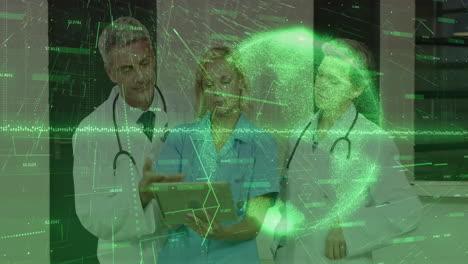 three medical staff reviewing tablet diagnostics in clinic showing green holographic data overlay